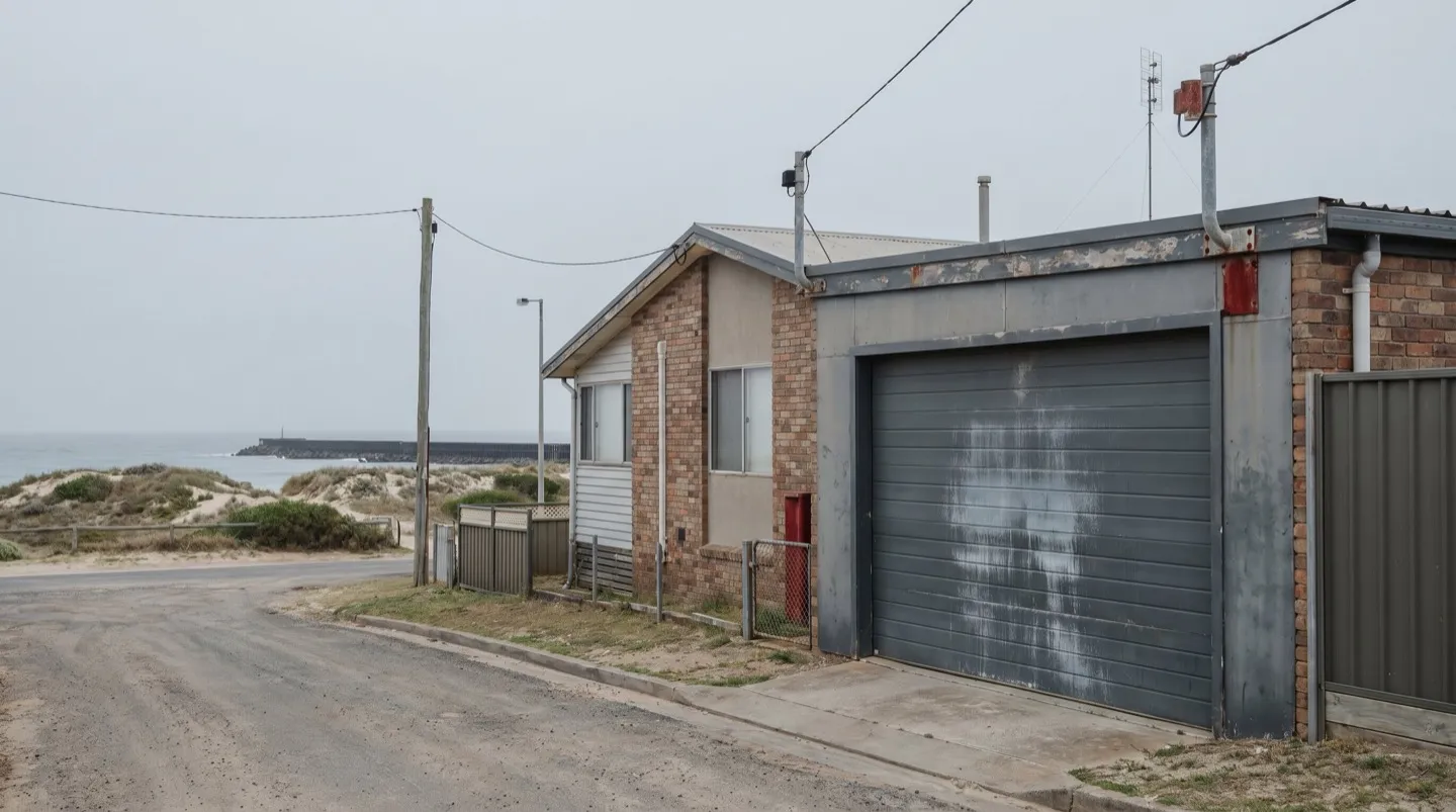 A salt-streaked steel garage door on a house near the Stockton breakwater, Newcastle
