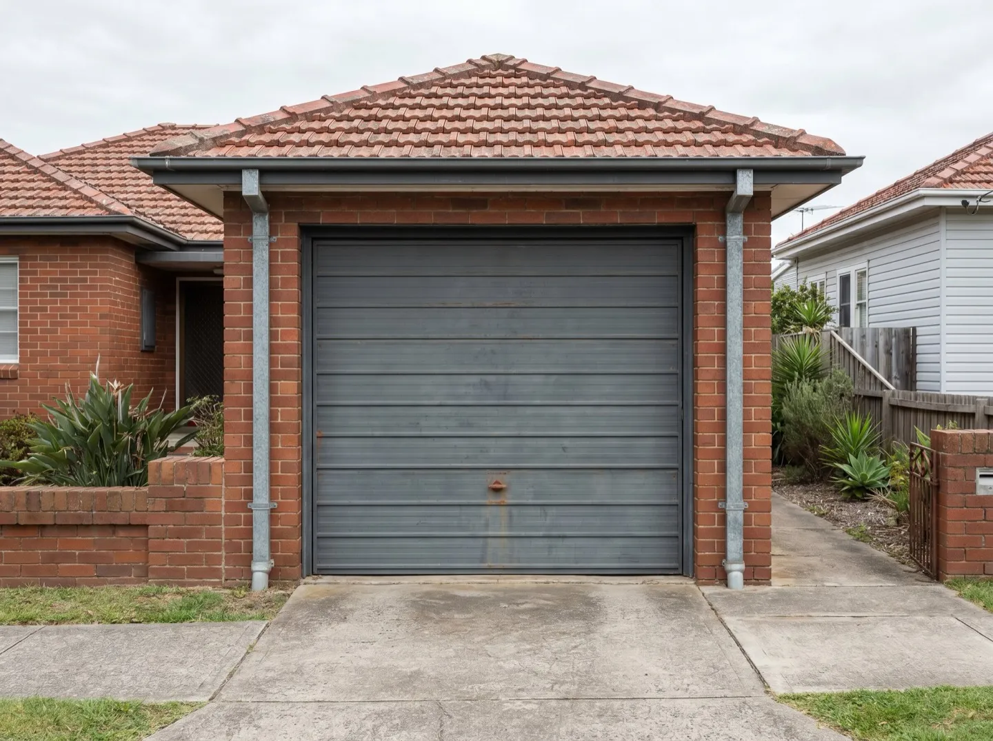 An older single-panel tilt garage door