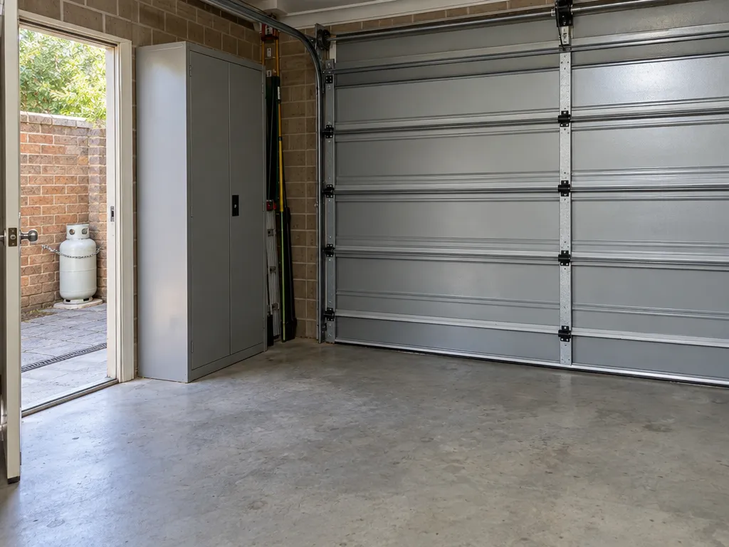 Inside a single garage with its grey steel panel door closed and the swept concrete floor bare along its bottom edge, a grey metal cabinet against the side wall, and through the open side door a gas cylinder standing against a brick wall outside