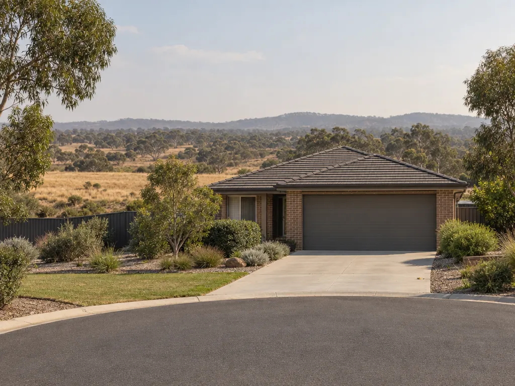 A single-storey brick house with a closed double sectional steel garage door above a concrete driveway, and dry grassland running into low eucalypt scrub behind the back fence.
