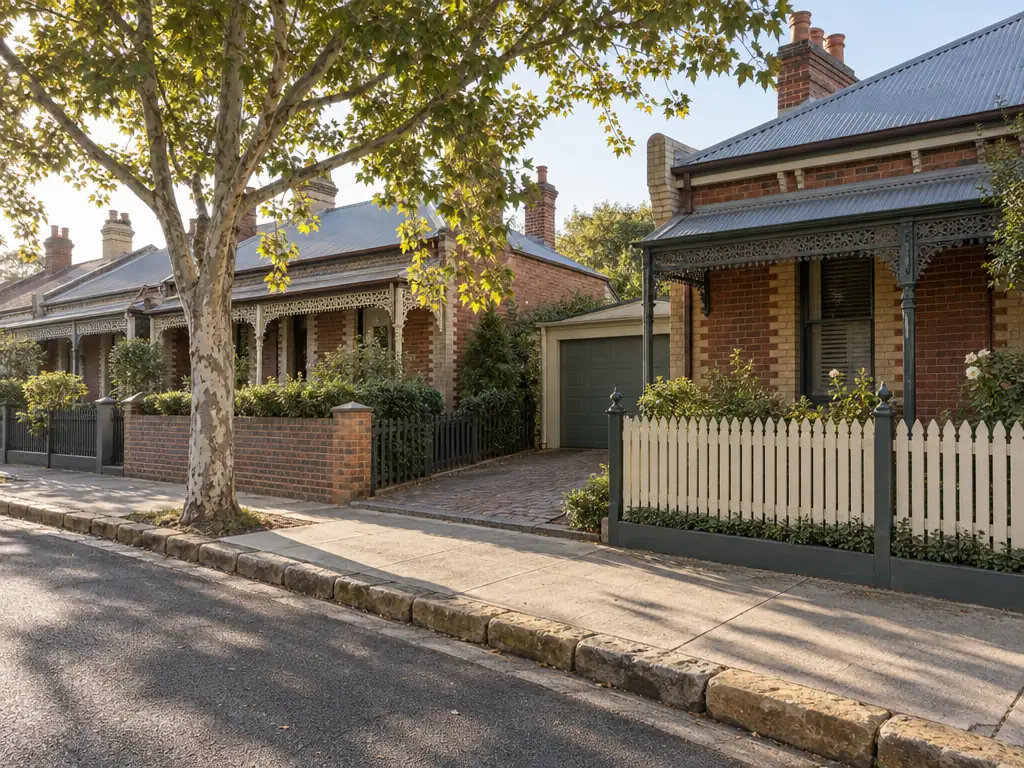 Single-storey brick workers' cottages with picket fences and a sandstone kerb, one with a set-back single garage