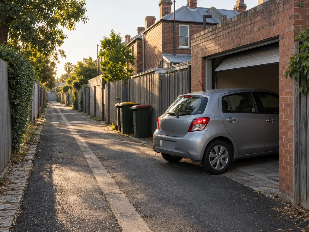 A narrow rear lane between paling fences and the brick backs of terraces, a small hatchback angling into a brick garage with its door raised, wheelie bins against a fence