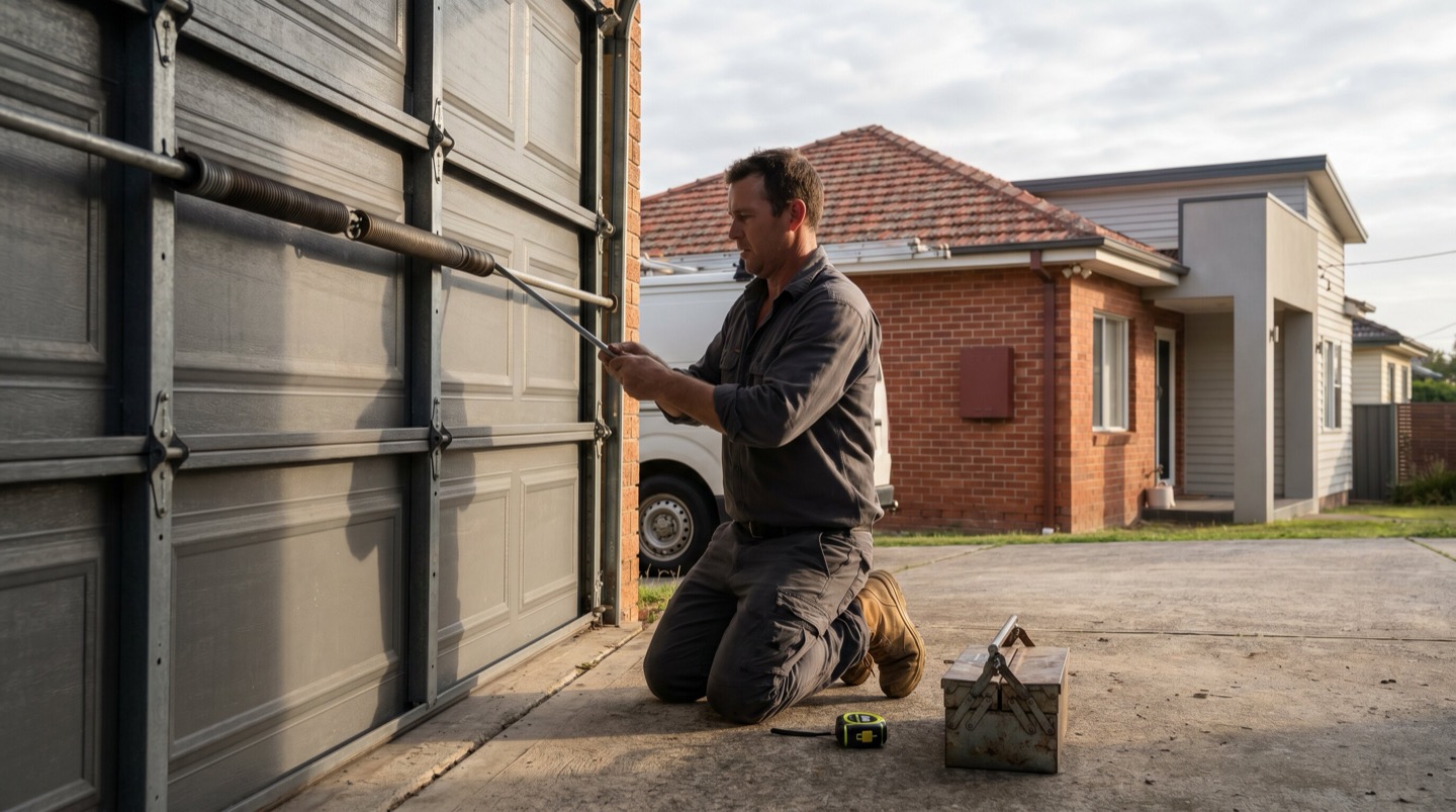 A garage-door technician tensioning a torsion spring on a Newcastle sectional door at first light
