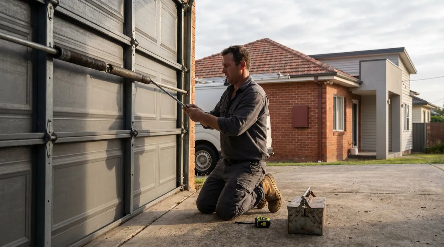 A garage-door technician tensioning a torsion spring on a Newcastle sectional door at first light