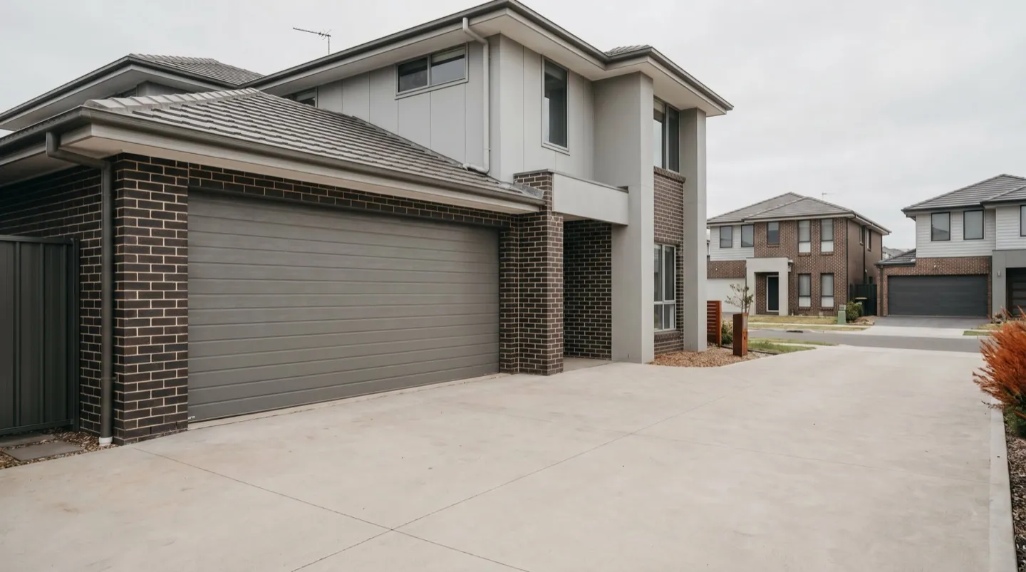 A grey sectional double garage door on a modern render-and-brick home in a new Newcastle estate