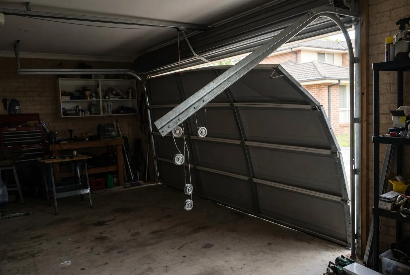 Inside a garage, with the door release cord.