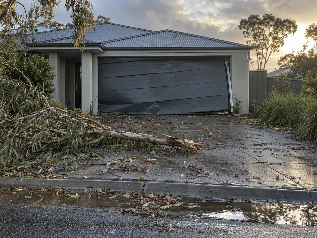 A suburban Australian driveway the morning after a storm, with the sky clearing from grey. A steel sectional garage door is bowed inward at the middle with one side out of its vertical track, and a fallen eucalyptus branch and scattered leaves lie across the wet concrete, with puddles along the kerb.