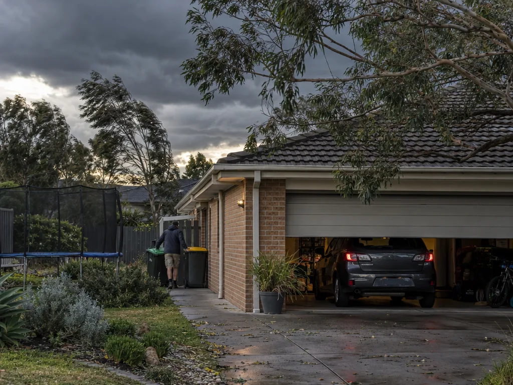 Suburban Australian brick house with an attached garage in late afternoon under a darkening, heavy grey sky, with wind bending the trees. A hatchback sits in the garage under a half-raised pale steel door, a trampoline stands beside the house and a person wheels the bins in against the wall.