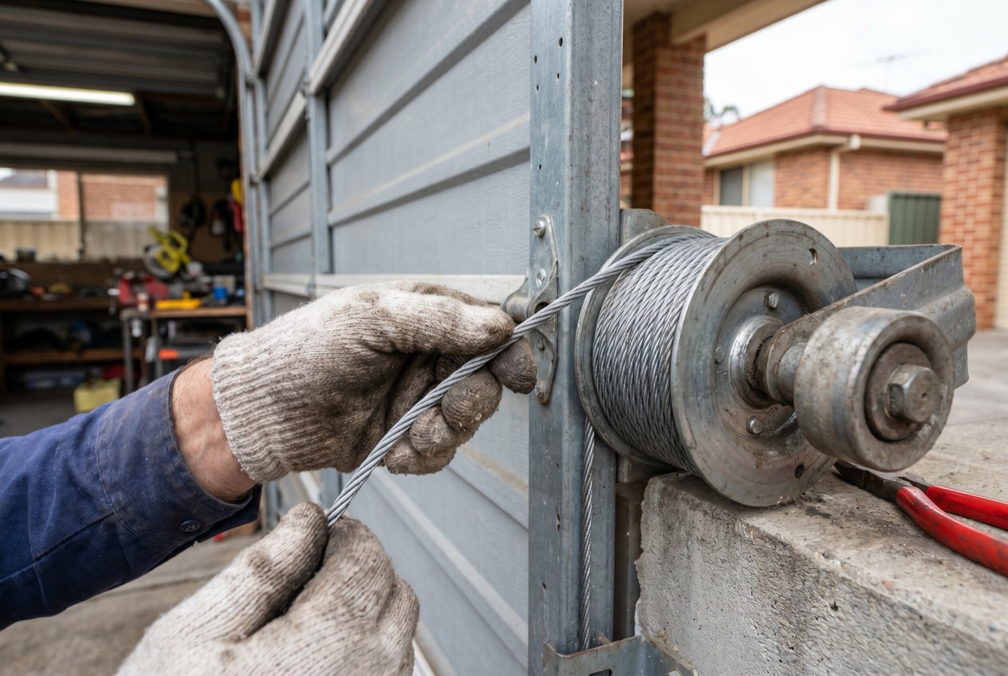 A technician's hands checking a lift cable at the drum on a residential garage door