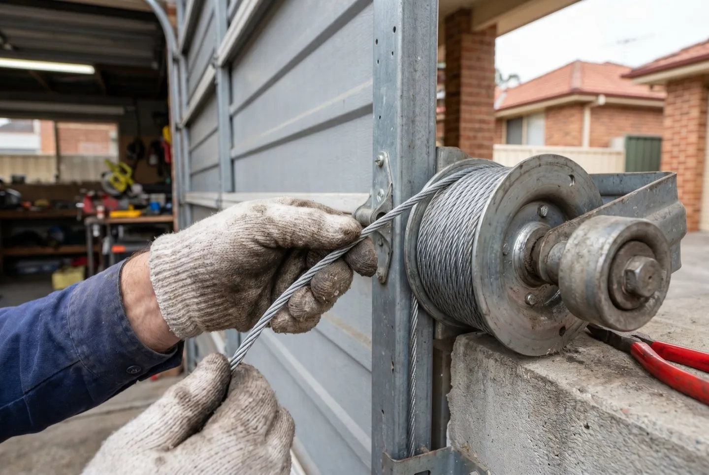 A technician's hands checking a lift cable at the drum on a residential garage door