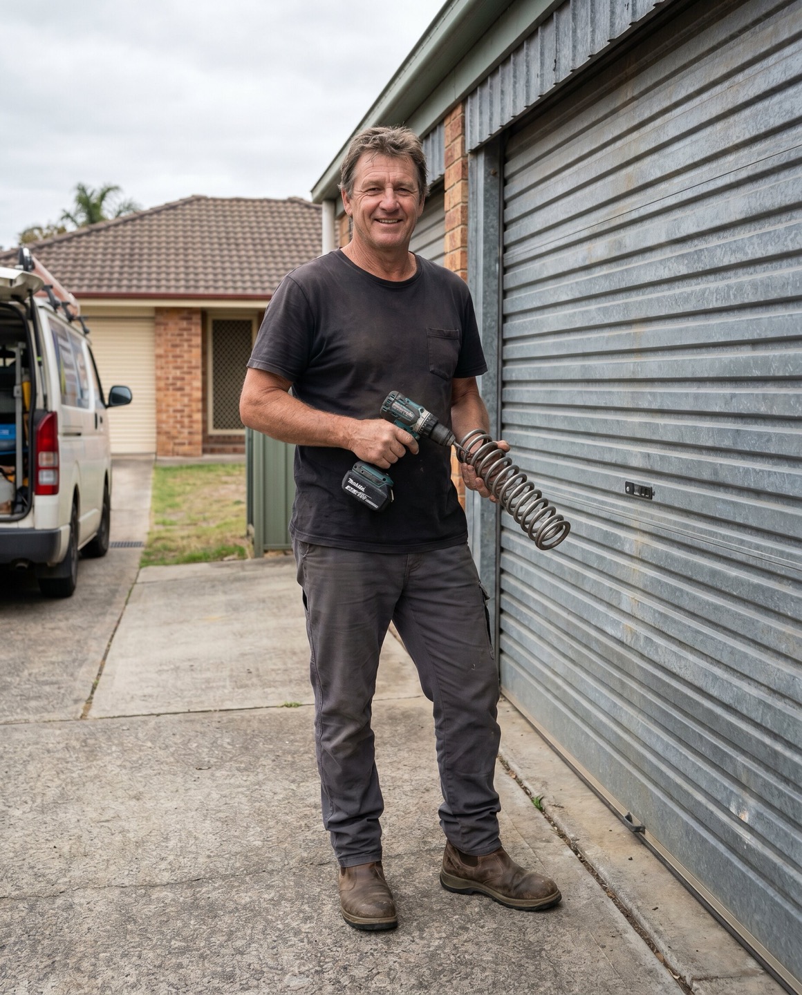 A Foundry garage-door technician with a cordless drill and a coil spring, beside a Newcastle garage