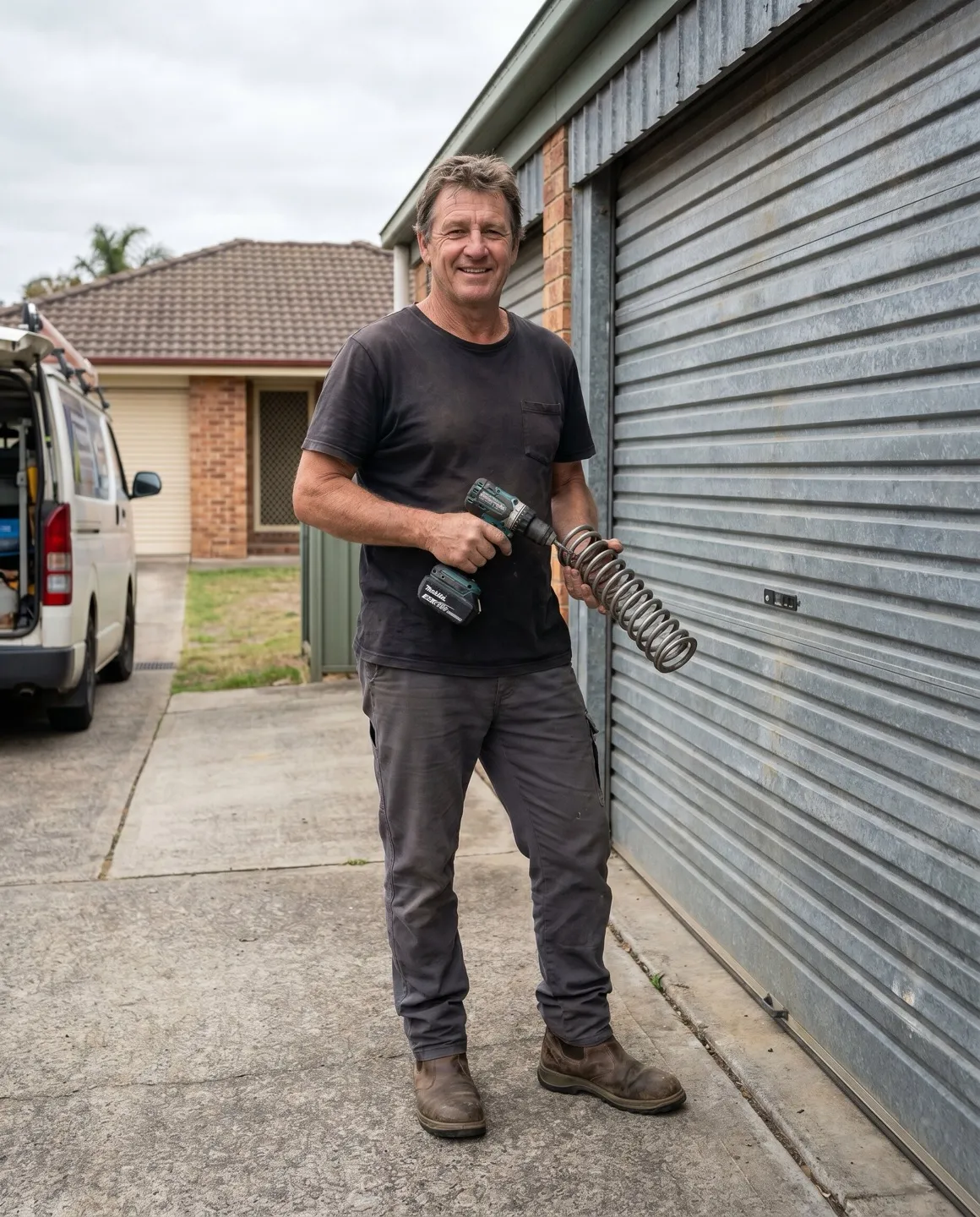 A Foundry garage-door technician with a cordless drill and a coil spring, beside a Newcastle garage